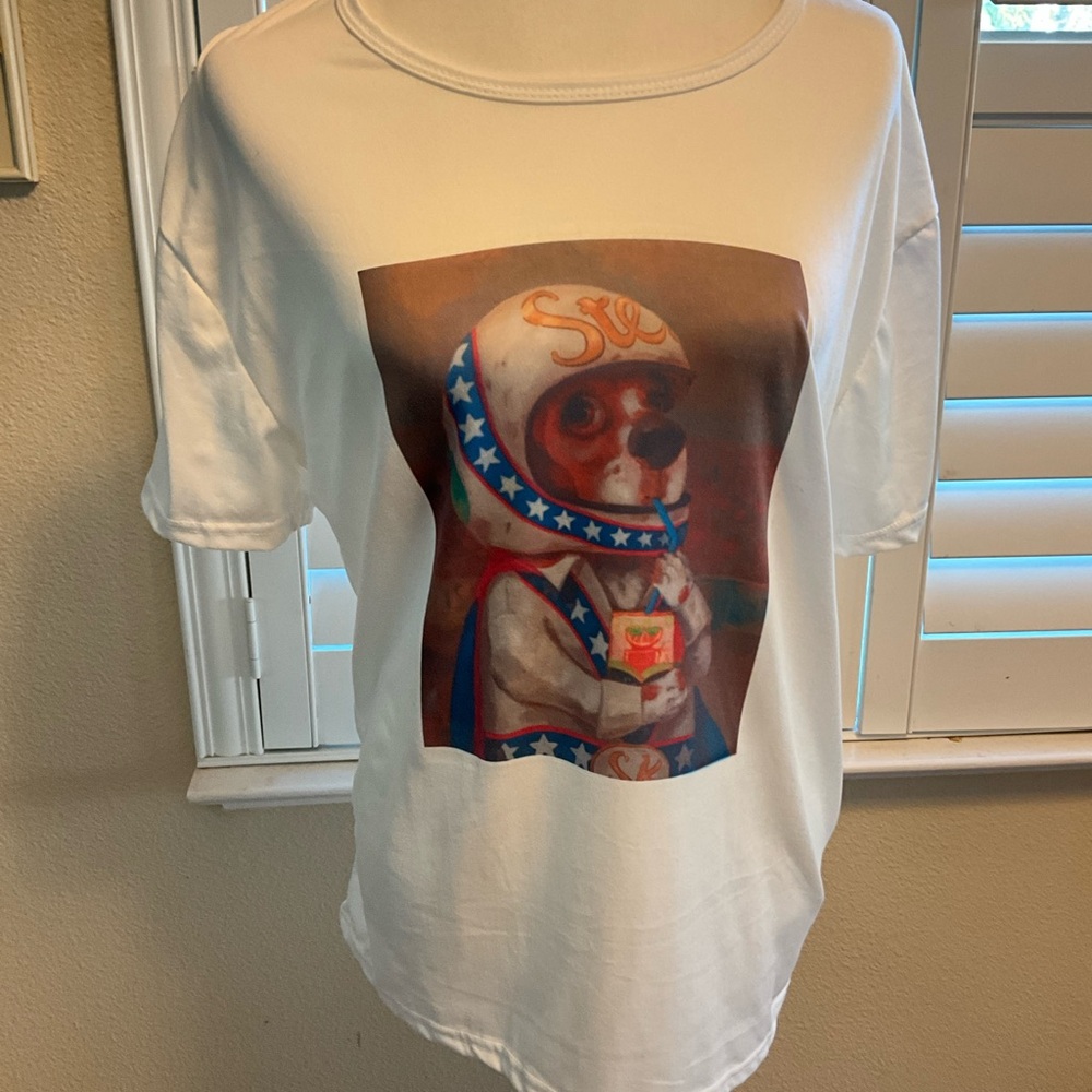 Handmade White Graphic T-Shirt with Fun Dog Astronaut Drinking Tang XL